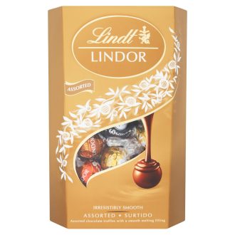   Lindt Lindor tejcsokoládé-tejcsokoládé mogyoródarabokkal-fehér- és keserű csokoládé praliné 337 g