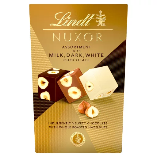 Lindt Nuxor csokoládé válogatás tej-, ét- és fehér csokoládé egész mogyoróval őrölt mogyoróval 150 g