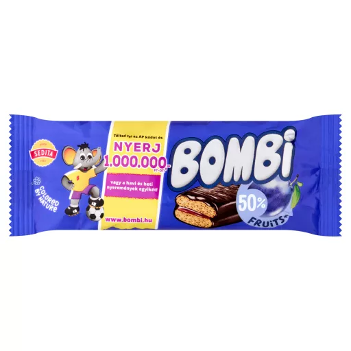 Bombi kakaós bevonómasszába mártott, vegyes gyümölcsös-szilvás lekvárral töltött puszedli 50 g