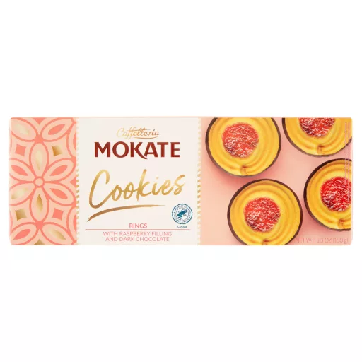 Mokate étcsokoládé málna ízű töltött keksz karikák 150 g