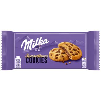  Milka Cookies Sensations keksz alpesi tejcsokoládé darabokkal és tejcsokoládés töltelékkel 156 g