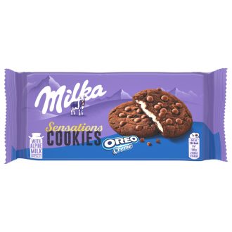   Milka Cookies Sensations Oreo Creme Kakaós Keksz Tejcsokoládé Darabokkal, Vaníliás Töltelékkel 156 G