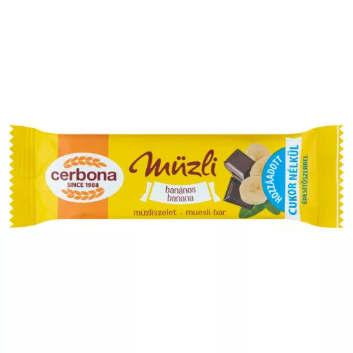 Cerbona banános müzliszelet kakaós tejbevonó talppal, cukor hozzáadása nélkül, édesítőszerekkel 20 g