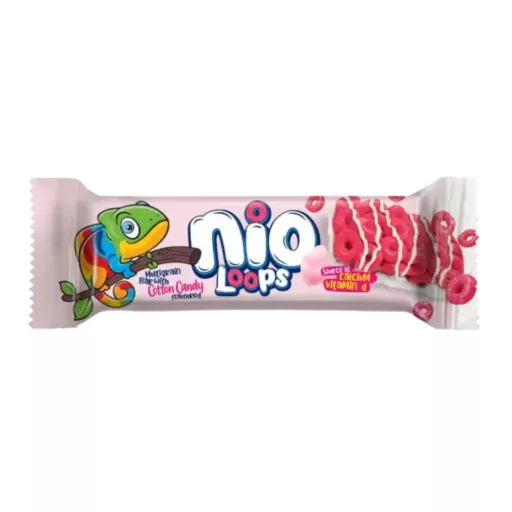 Nio gabonapehely-szelet 23g vattacukor ízesítésű fehér bevonóval Loops