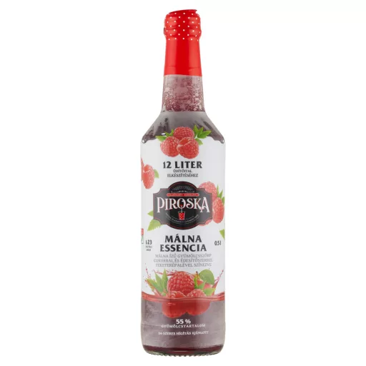 Piroska Málna Essencia málna ízű gyümölcsszörp cukorral és édesítőszerrel 0,5 l