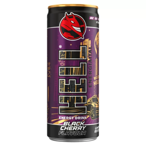 HELL fekete cseresznye- és tuttifruttiízű, koffeintartalmú, szénsavas energiaital 250 ml