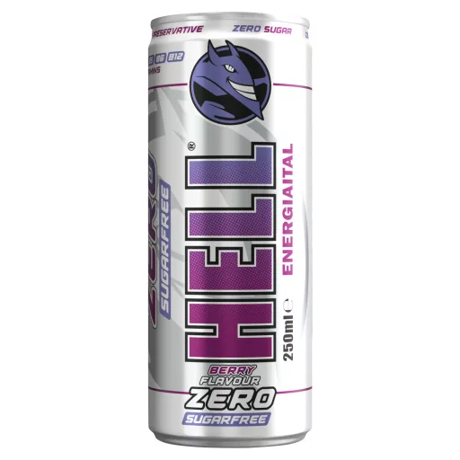HELL Zero tutti-frutti- és bogyós gyümölcsízű, koffeintartalmú, szénsavas, alkoholmentes ital 250 ml