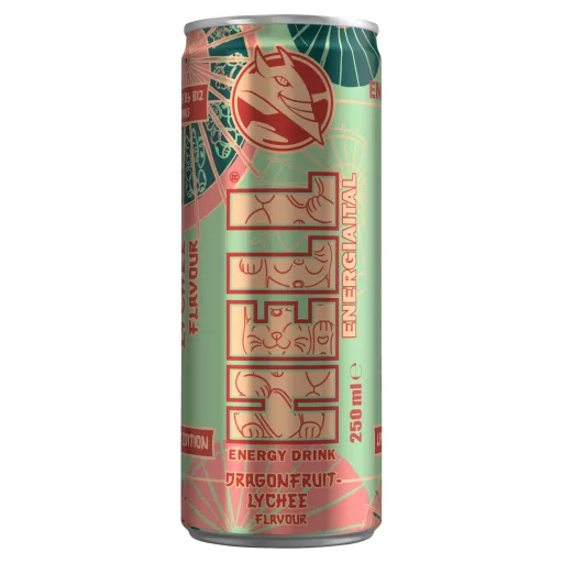 HELL sárkánygyümölcs-, licsi- és tuttifruttiízű, koffeintartalmú, szénsavas energiaital 250 ml