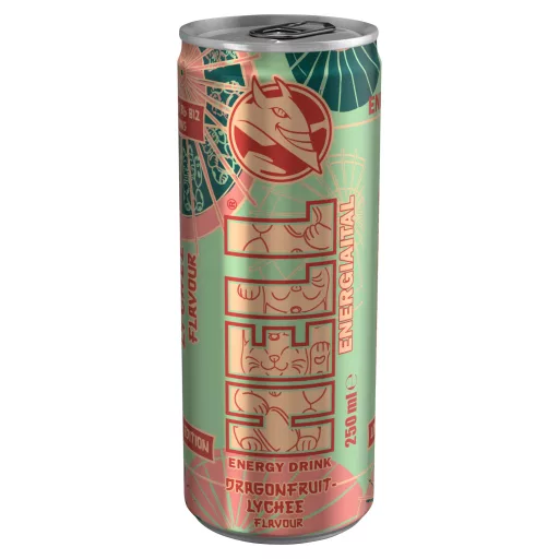 HELL sárkánygyümölcs-, licsi- és tuttifruttiízű, koffeintartalmú, szénsavas energiaital 250 ml