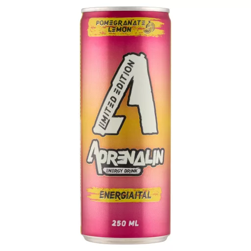 Adrenalin gránátalma-citrom ízű szénsavas energiaital hozzáadott koffeinnel és vitaminokkal 250 ml