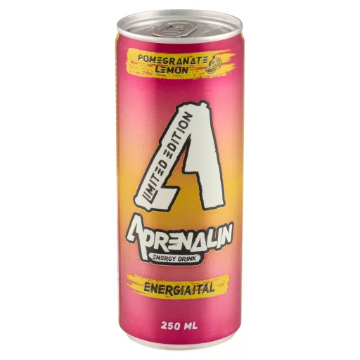 Adrenalin gránátalma-citrom ízű szénsavas energiaital hozzáadott koffeinnel és vitaminokkal 250 ml