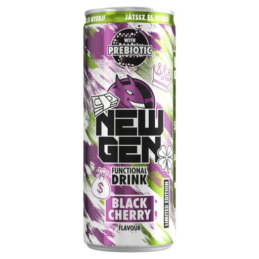 New Gen fekete cseresznye- és tuttifruttiízű, koffeintartalmú, szénsavas, alkoholmentes ital 250 ml
