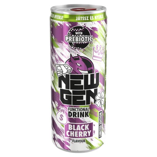 New Gen fekete cseresznye- és tuttifruttiízű, koffeintartalmú, szénsavas, alkoholmentes ital 250 ml