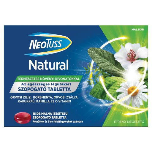 NeoTuss Natural málna ízesítésű szopogató tabletta felnőttek és 5 év feletti gyerekek számára 16 db