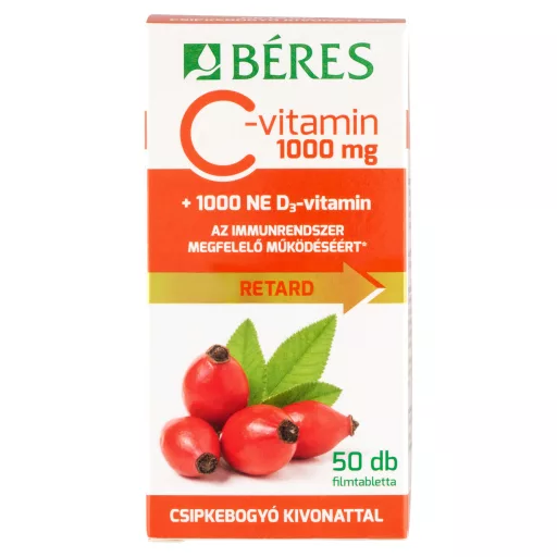 Béres C-vitamin 1000 mg + 1000 NE D3-vitamin filmtabletta csipkebogyókivonattal 50 x 1,85 g (92,5 g)