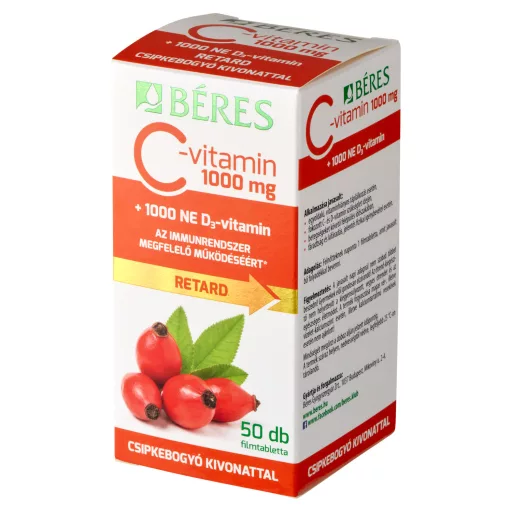Béres C-vitamin 1000 mg + 1000 NE D3-vitamin filmtabletta csipkebogyókivonattal 50 x 1,85 g (92,5 g)