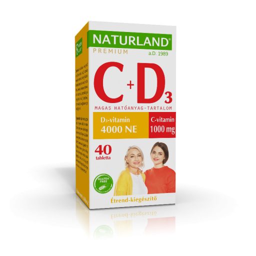 Naturland Premium C-vitamin 1000 mg + D3-vitamin 4000 NE étrend-kiegészítő tabletta 40 db 52 g