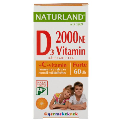 Naturland Premium D-vitamin 2000 NE + C-vitamin forte étrend-kiegészítő rágótabletta 60 db 53,40 g