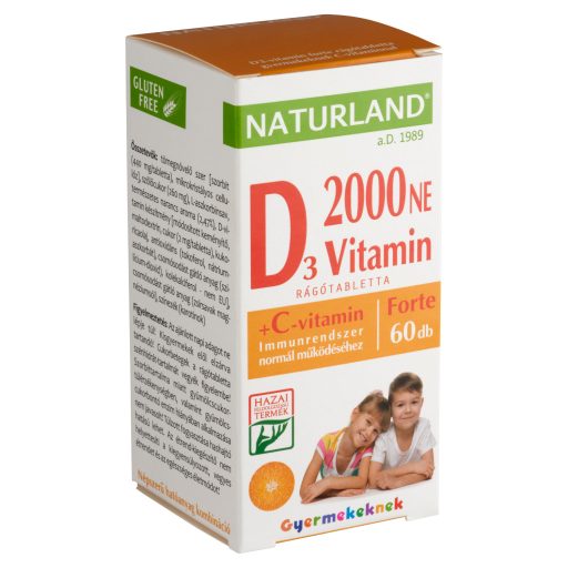 Naturland Premium D-vitamin 2000 NE + C-vitamin forte étrend-kiegészítő rágótabletta 60 db 53,40 g