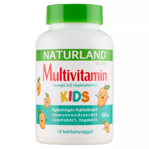 Naturland Kids Multivitamin mangó ízű étrend-kiegészítő rágótabletta édesítőszerrel 60 db 60 g