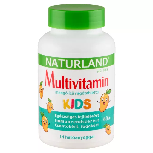 Naturland Kids Multivitamin mangó ízű étrend-kiegészítő rágótabletta édesítőszerrel 60 db 60 g