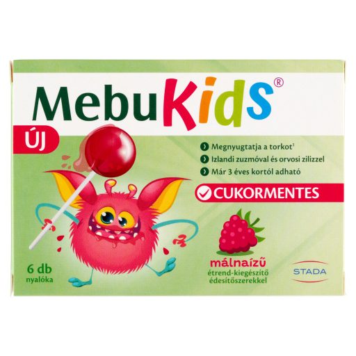 MebuKids cukormentes málnaízű étrend-kiegészítő nyalóka édesítőszerekkel 6 x 10 g (60 g)