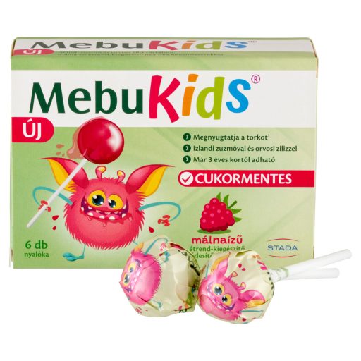 MebuKids cukormentes málnaízű étrend-kiegészítő nyalóka édesítőszerekkel 6 x 10 g (60 g)