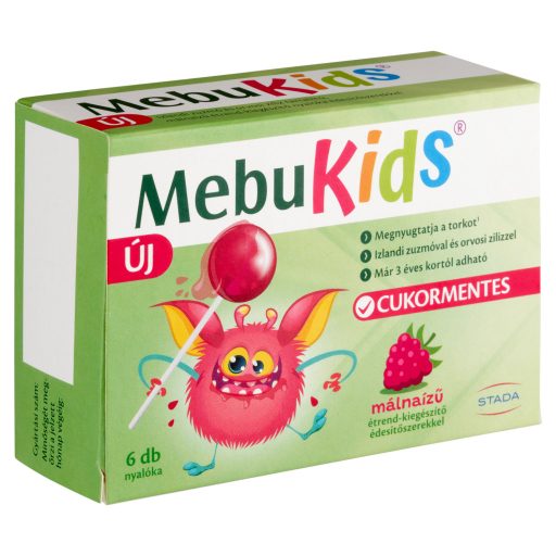 MebuKids cukormentes málnaízű étrend-kiegészítő nyalóka édesítőszerekkel 6 x 10 g (60 g)
