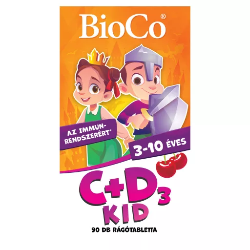 BioCo C+D₃ Kid cseresznye ízű étrend-kiegészítő rágótabletta 3-10 éveseknek 90 x 1,35 g (121,5 g)