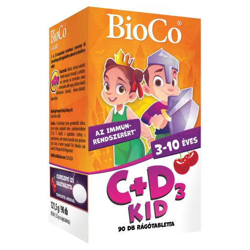 BioCo C+D₃ Kid cseresznye ízű étrend-kiegészítő rágótabletta 3-10 éveseknek 90 x 1,35 g (121,5 g)