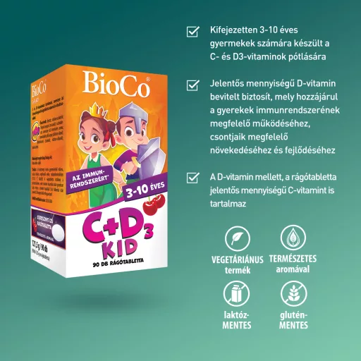 BioCo C+D₃ Kid cseresznye ízű étrend-kiegészítő rágótabletta 3-10 éveseknek 90 x 1,35 g (121,5 g)
