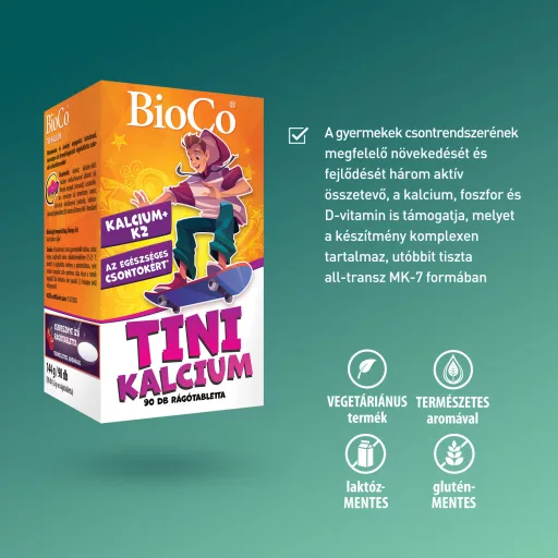 BioCo Tini Kalcium cseresznye ízű étrend-kiegészítő rágótabletta 90 x 1,6 g (144 g)