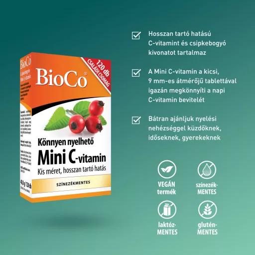 BioCo könnyen nyelhető csipkebogyós mini C-vitamin étrend-kiegészítő tabletta 120 x 0,34 g (40,8 g)