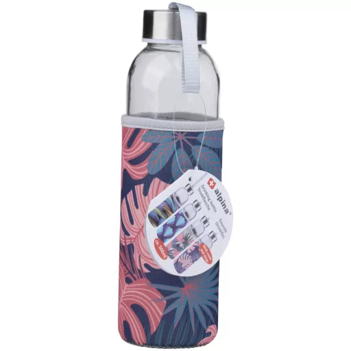 Alpina kulacs üveg 500ml növényes textil borítással - Rózsaszín dzsungel