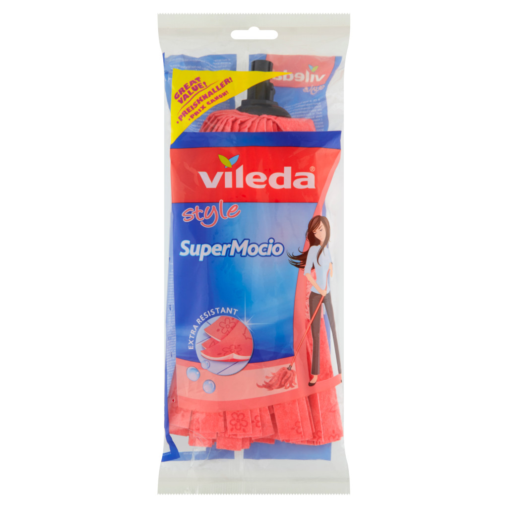 Vileda SuperMocio Microfibre & Power vervanging, geschikt voor alle franjemopsystemen van Vileda, neemt losse haren en vuildeeltjes op, verwijdert meer dan 99% van de bacteriën met water alleen