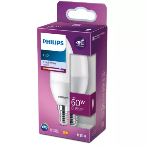 Philips LED fényforrás E14 60W gyertya, matt, hideg