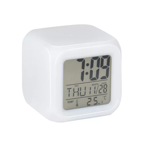 Grundig ébresztő óra színes világítással, hőmérséklet, naptár 8x8x8cm