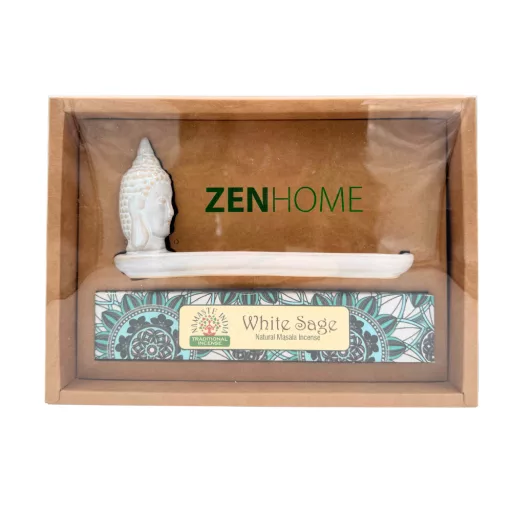 Zen Home Kerámia Buddha - Fehér Zsálya pálcikás füstölővel/szett 