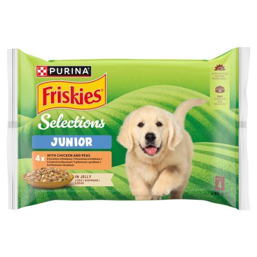 Purina Friskies Junior csirkével és borsóval aszpikban nedves kutyaeledel 4 x 85 g