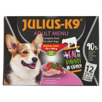   Julius-K9 teljes értékű eledel felnőtt kutyák számára borjúval, nyúllal szószban 12 x 100 g (1,2 kg)