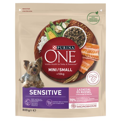 Purina One Mini Sensitive teljes értékű állateledel felnőtt kutyák számára lazaccal és rizzsel 800 g