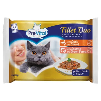   PreVital Fillet Duo teljes értékű állateledel felnőtt macskáknak tépett falatok szószban 4 x 85 g
