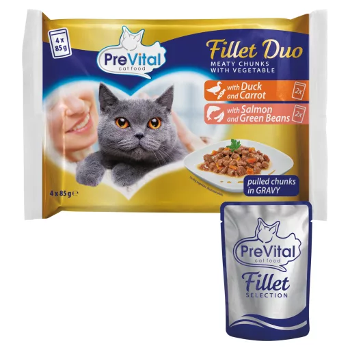 PreVital Fillet Duo teljes értékű állateledel felnőtt macskáknak tépett falatok szószban 4 x 85 g