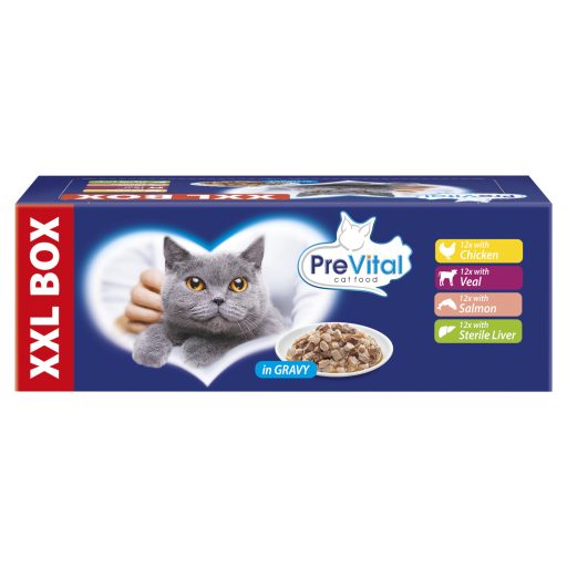 PreVital nedves macskaeledel, macskatáp felnőtt macskáknak szószban alutasakos 48 x 100 g