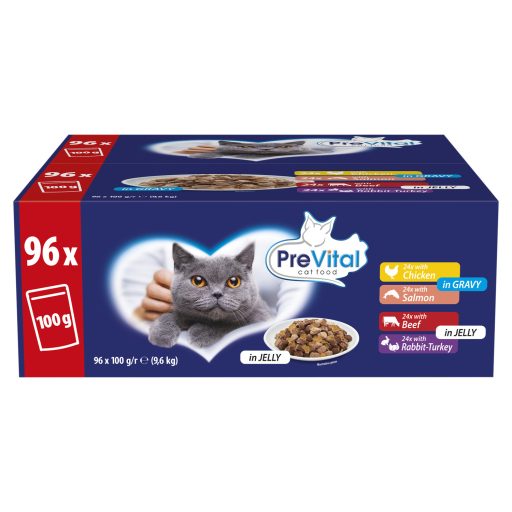 PreVital nedves macskaeledel, macskatáp felnőtt macskáknak alutasakos 96 x 100 g