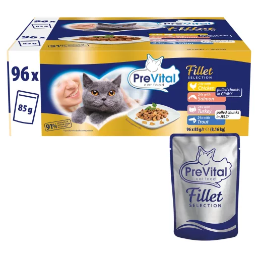 PreVital Fillet Selection teljes értékű állateledel felnőtt macskák számára 96 x 85 g (8,16 kg)