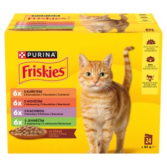   Purina Friskies szószban csirkével/marhával/báránnyal/kacsával nedves macskaeledel 24 x 85 g