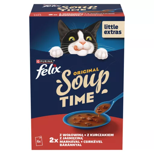 Purina Felix Soup Time állateledel felnőtt macskáknak marhával csirkével báránnyal 6 x 48 g (288 g)