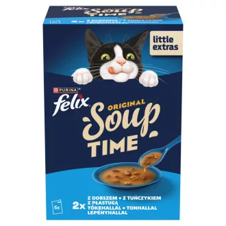   Purina Felix Soup Time állateledel felnőtt macskáknak tőkehallal tonhallal lepényhallal 6 x 48 g