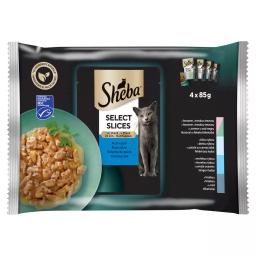 Sheba Select Slices teljes értékű nedves eledel felnőtt macskáknak halválaszték 4 x 85 g (340 g)